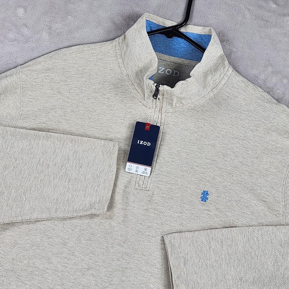 IZOD‎ Sweater Mens 2XL Beige 1/4 Zip Mock Neck Waffle Knit Stretch Pullover